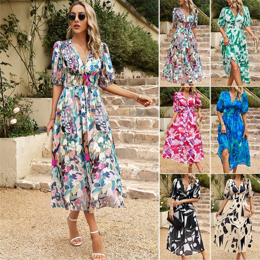 💎49% Sale💎Elegant waist V-neck printed dress (Buy More Free More)