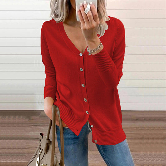 Women's Solid Color Buttoned V-Neck Knit Top