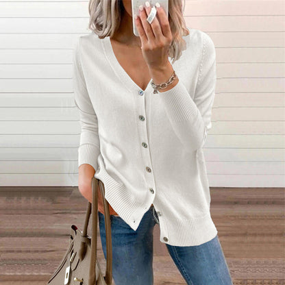 Women's Solid Color Buttoned V-Neck Knit Top